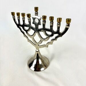 Biedermann India Silver and Brass 8 in Menorah 9 Candles Hanukkah